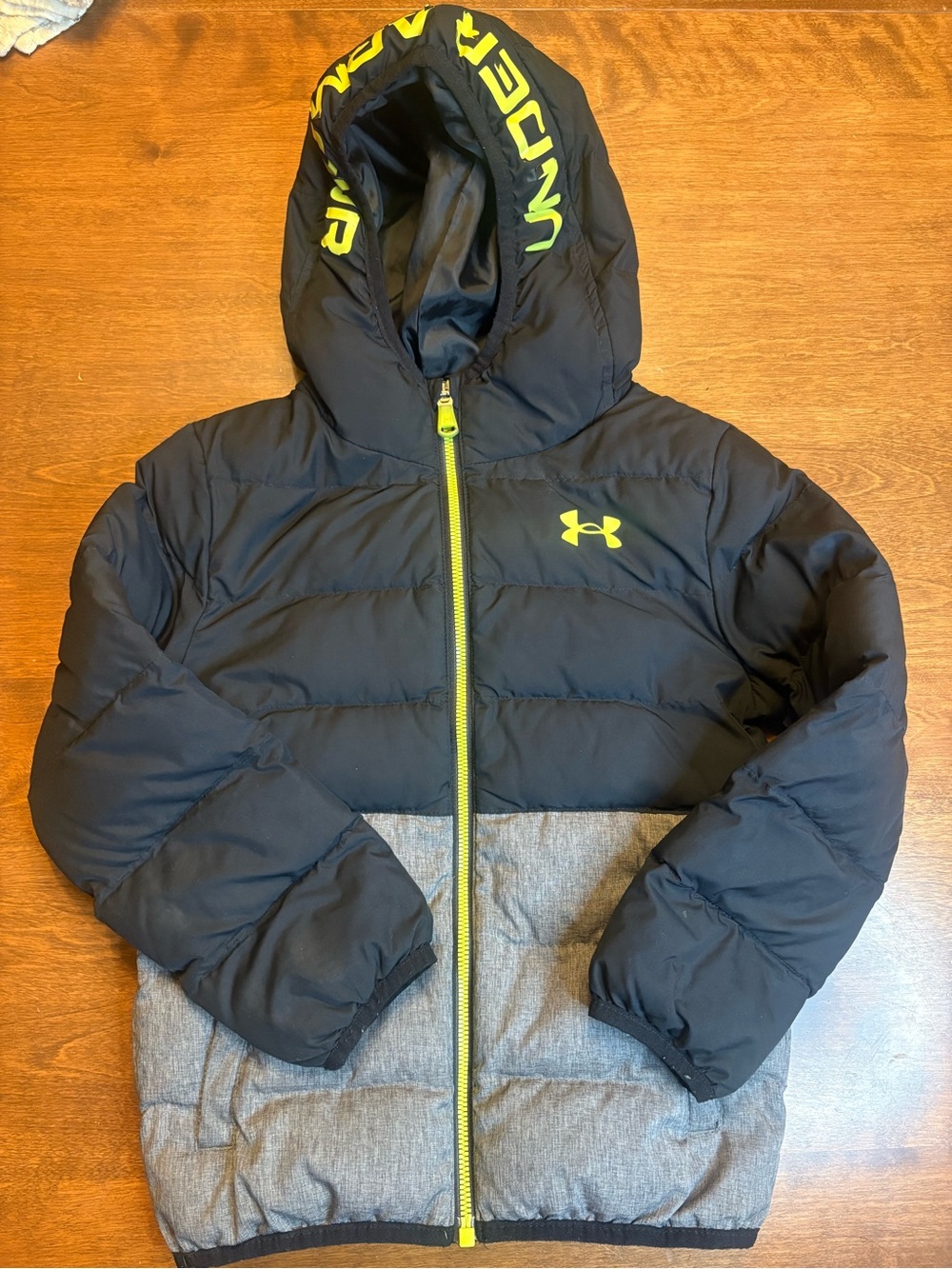 Under Armour Kids Black & Gray Puffer Jacket with Neon Yellow Accents